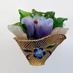 Flower Brooch,  Basket Pendant, Chinese Export, Sterling Silver, Gold , Vintage